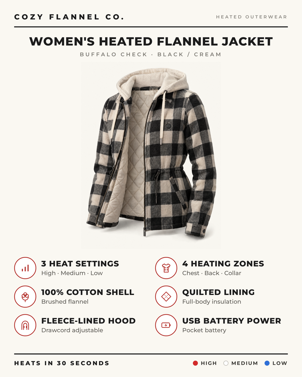 Women's Heated Flannel Jacket | Black & Cream Buffalo Check