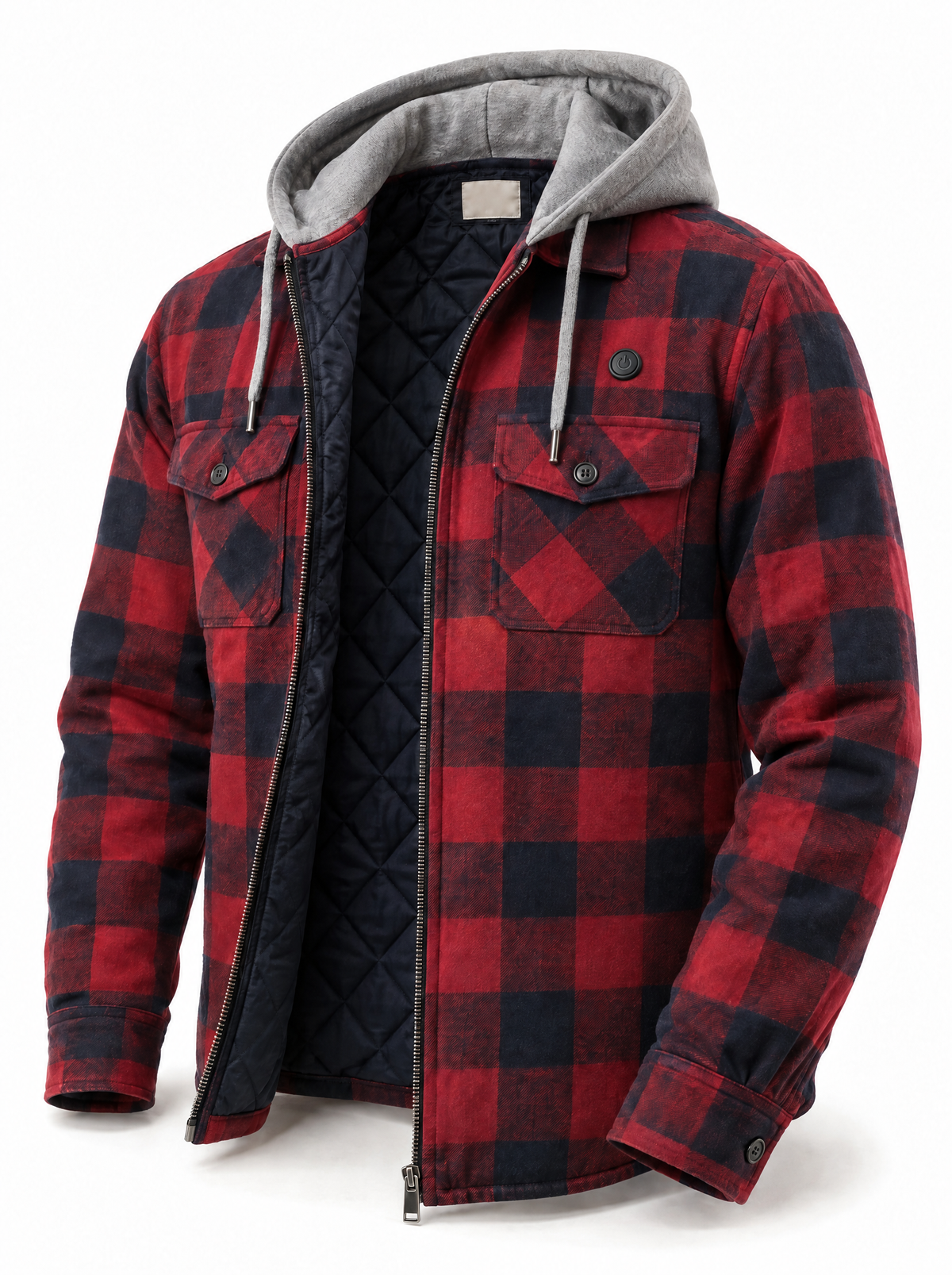 Cozy Flannel Co. men's heated flannel jacket, red and navy buffalo check