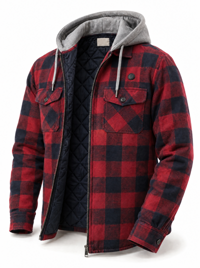 Cozy Flannel Co. men's heated flannel jacket, red and navy buffalo check