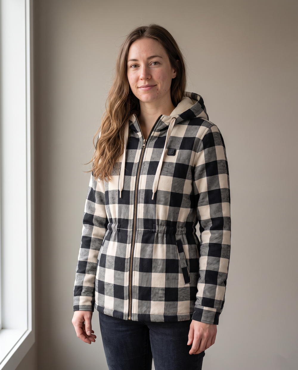 Women's Heated Flannel Jacket | Black & Cream Buffalo Check